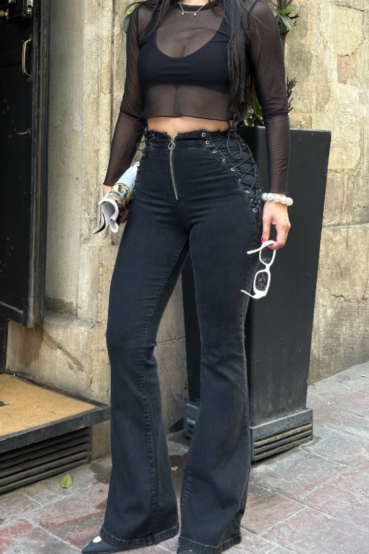 Black Mom Jeans With Flare Leg - High WaistZip Up