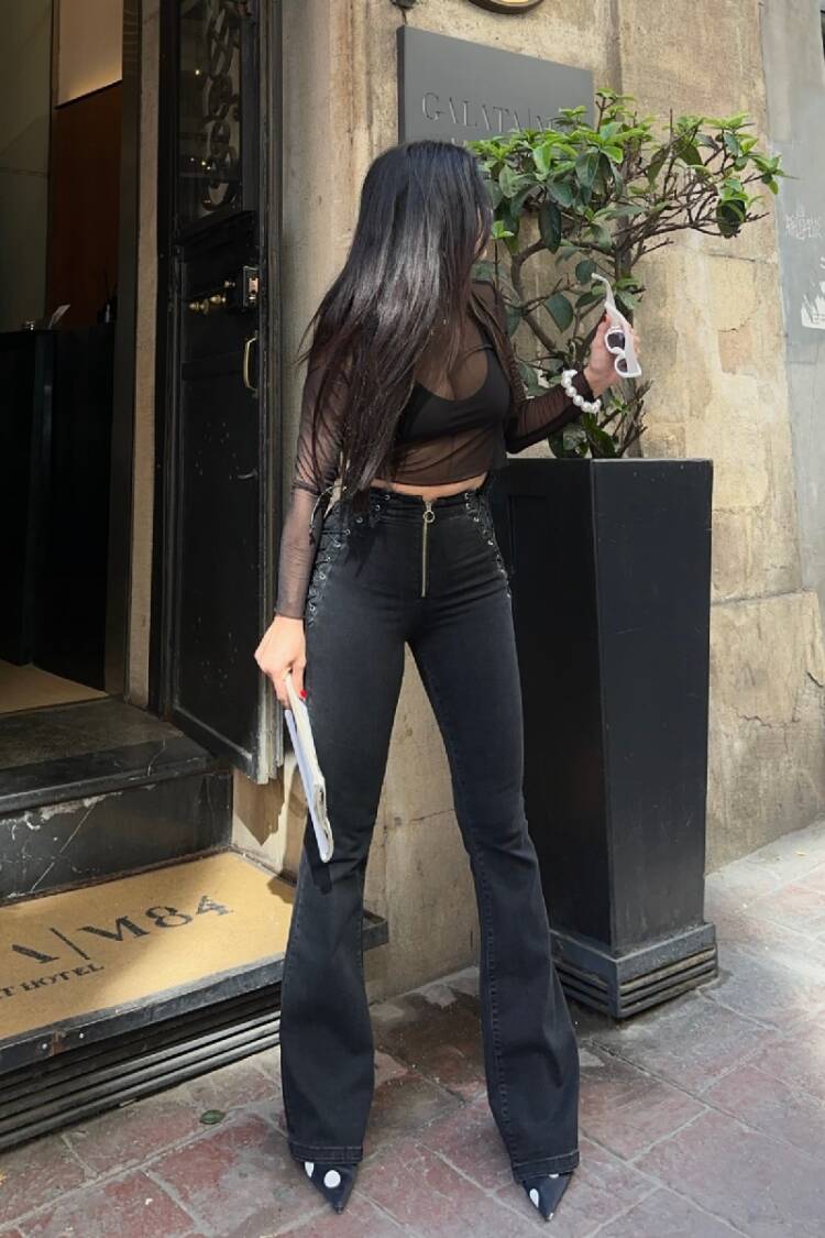 Black Mom Jeans With Flare Leg - High WaistZip Up