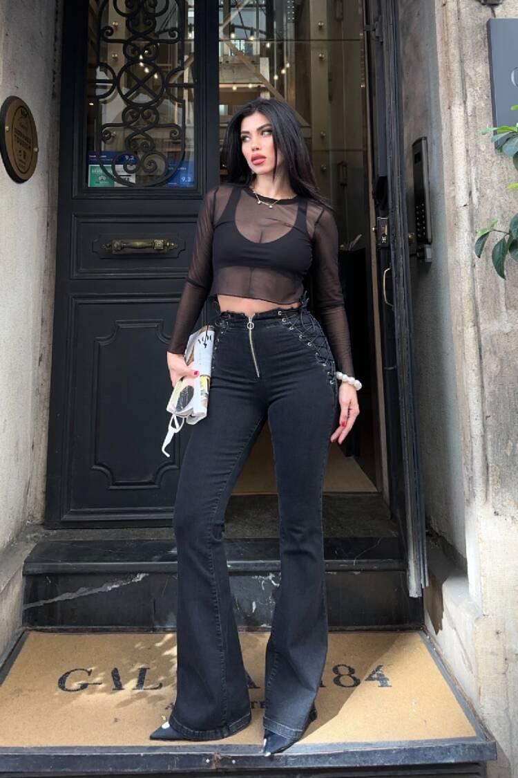 Black Mom Jeans With Flare Leg - High WaistZip Up