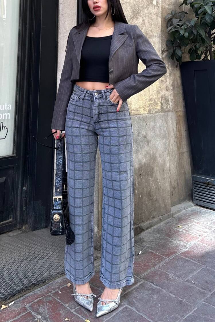 Grey Mom Jeans High Waist Straight Leg Buttoned