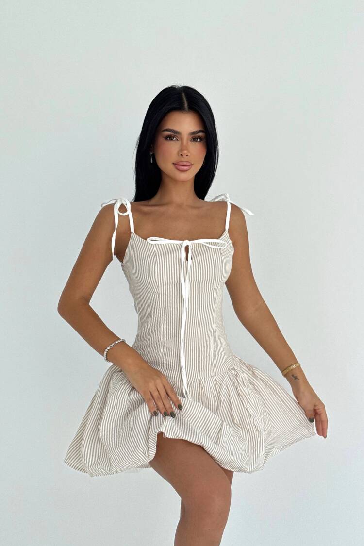 Beige Fit And Flare Mini Dress With Square Neck