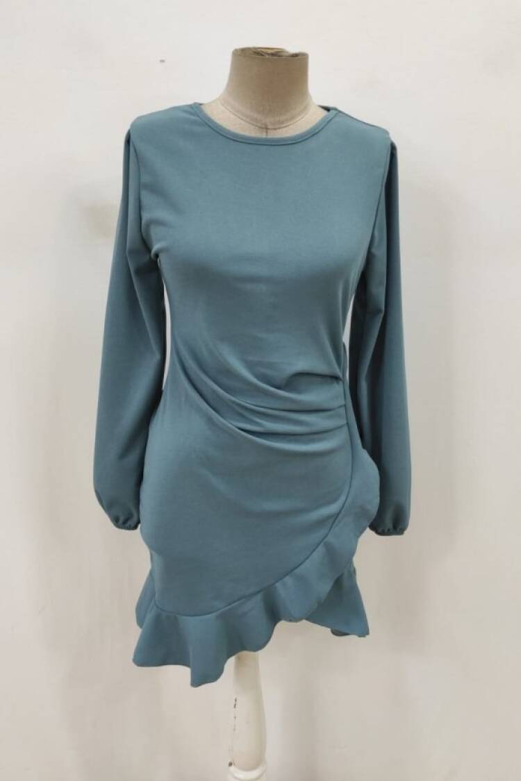Elegant Blue Sheath Dress With Balloon Long Sleeves