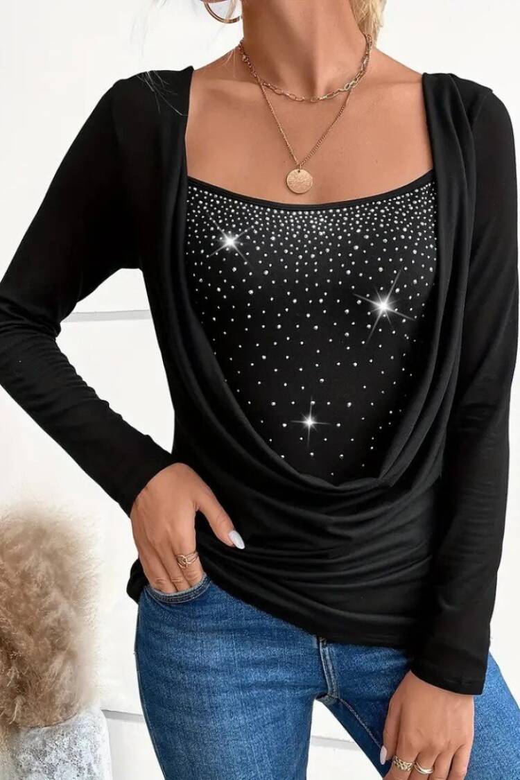 Sequined Slim Fit Blouse With Square Neck