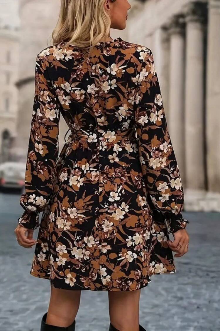 Black Floral Wrap Mini Dress With V-Neck