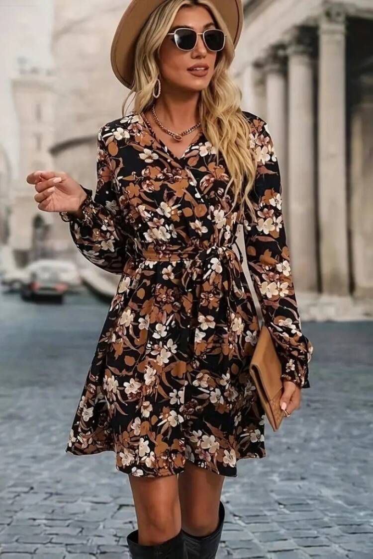 Black Floral Wrap Mini Dress With V-Neck