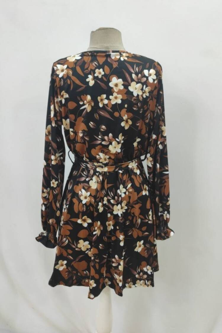 Black Floral Wrap Mini Dress With V-Neck