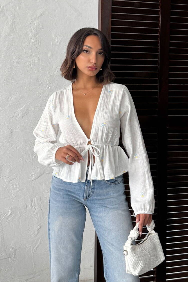 White Floral Blouse With Plunging Neck - Brand: Topshow - Women & Kids, Baby Clothes Wholesale - Globality Store