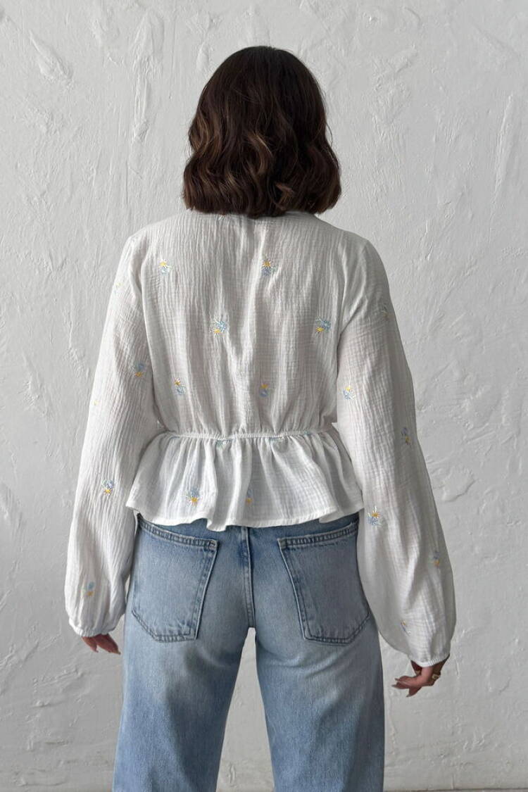 White Floral Blouse With Plunging Neck