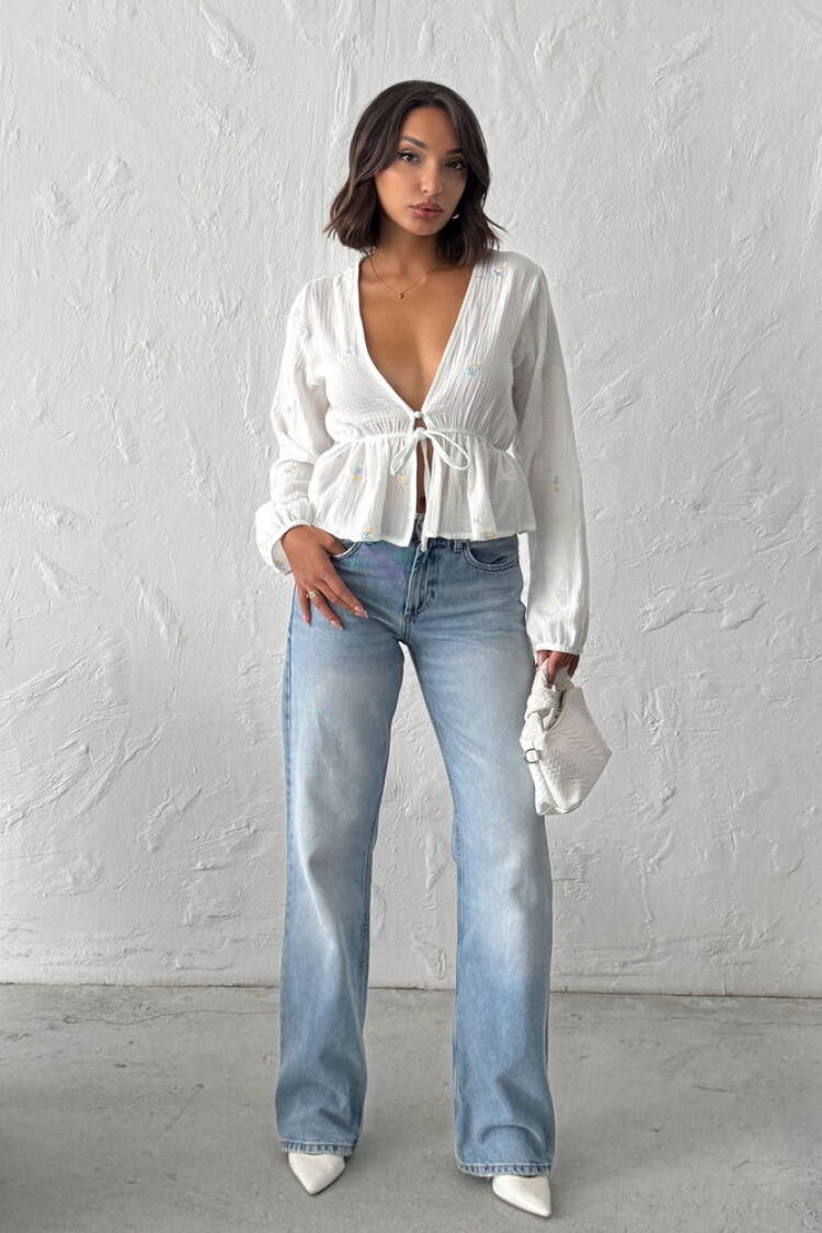 White Floral Blouse With Plunging Neck