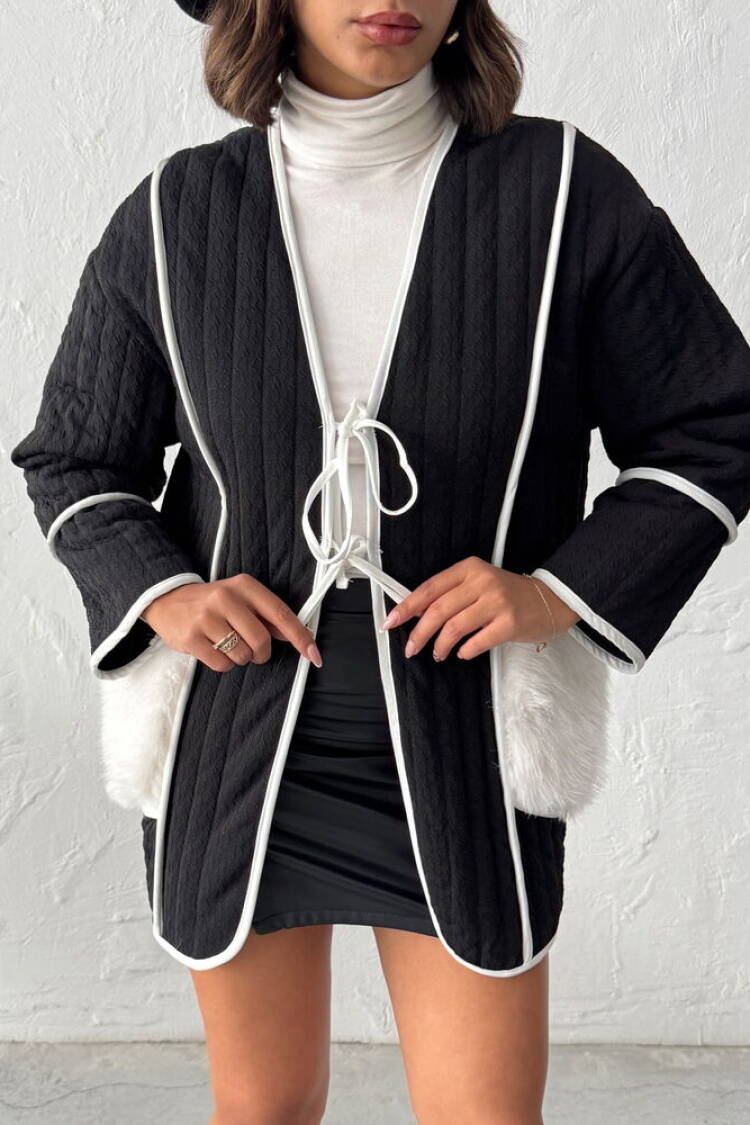 Black Wrapover Jacket With V-Neck Collar