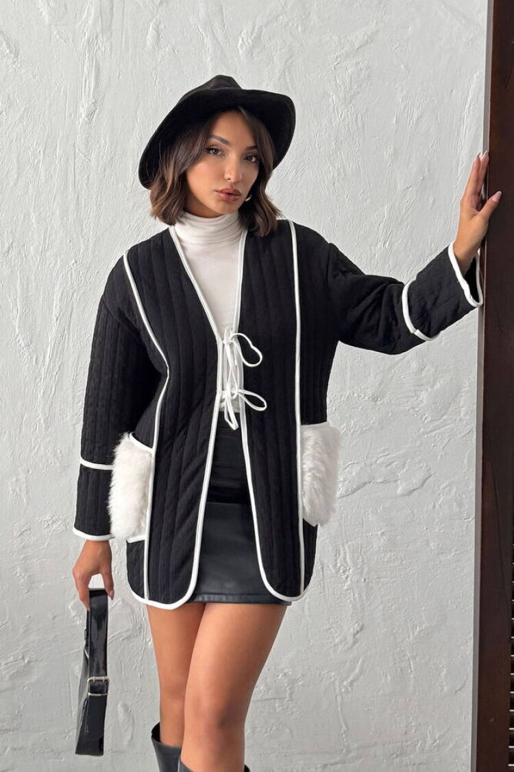Black Wrapover Jacket With V-Neck Collar