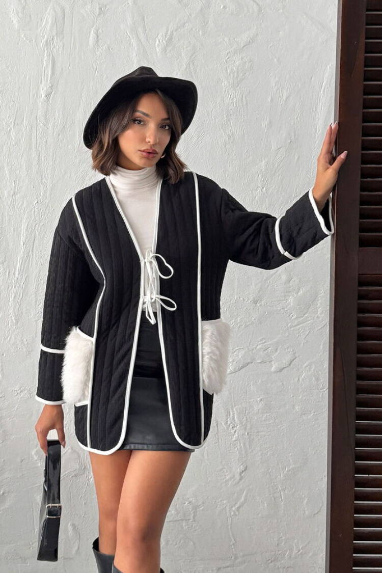 Black Wrapover Jacket With V-Neck Collar