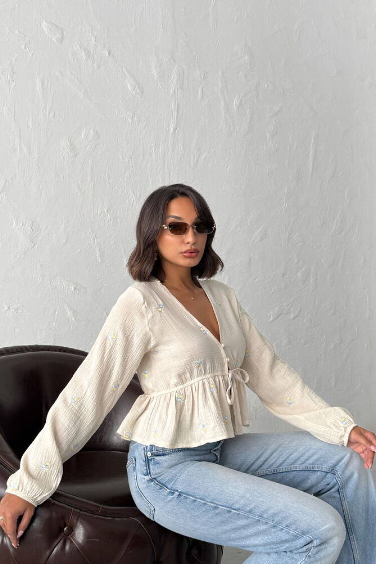 Beige Boho Slim Fit V-Neck Blouse - Brand: Topshow - Women & Kids, Baby Clothes Wholesale - Globality Store