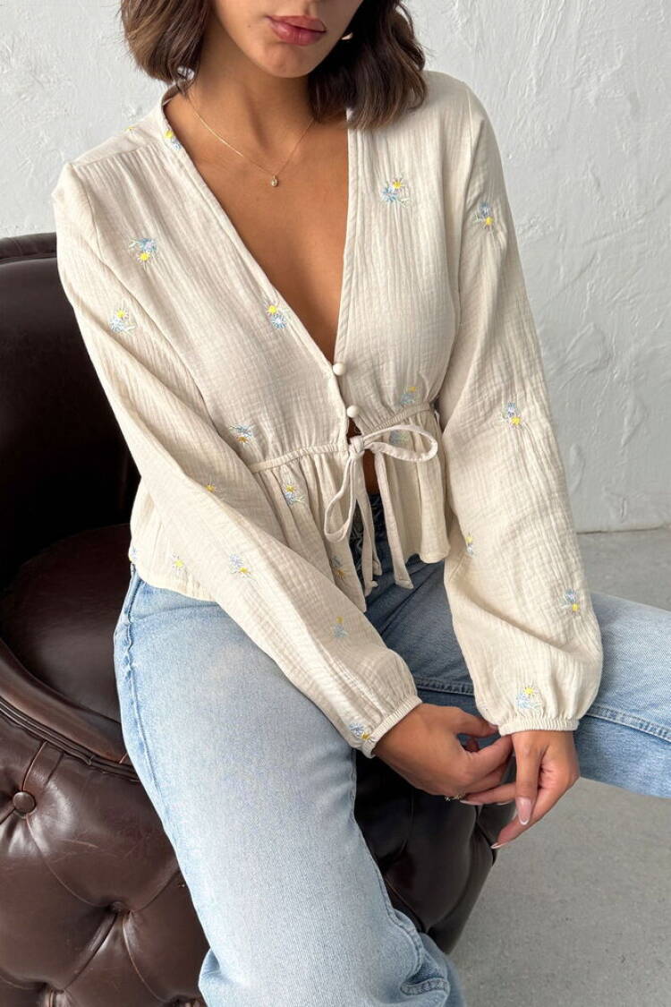 Beige Boho Slim Fit V-Neck Blouse
