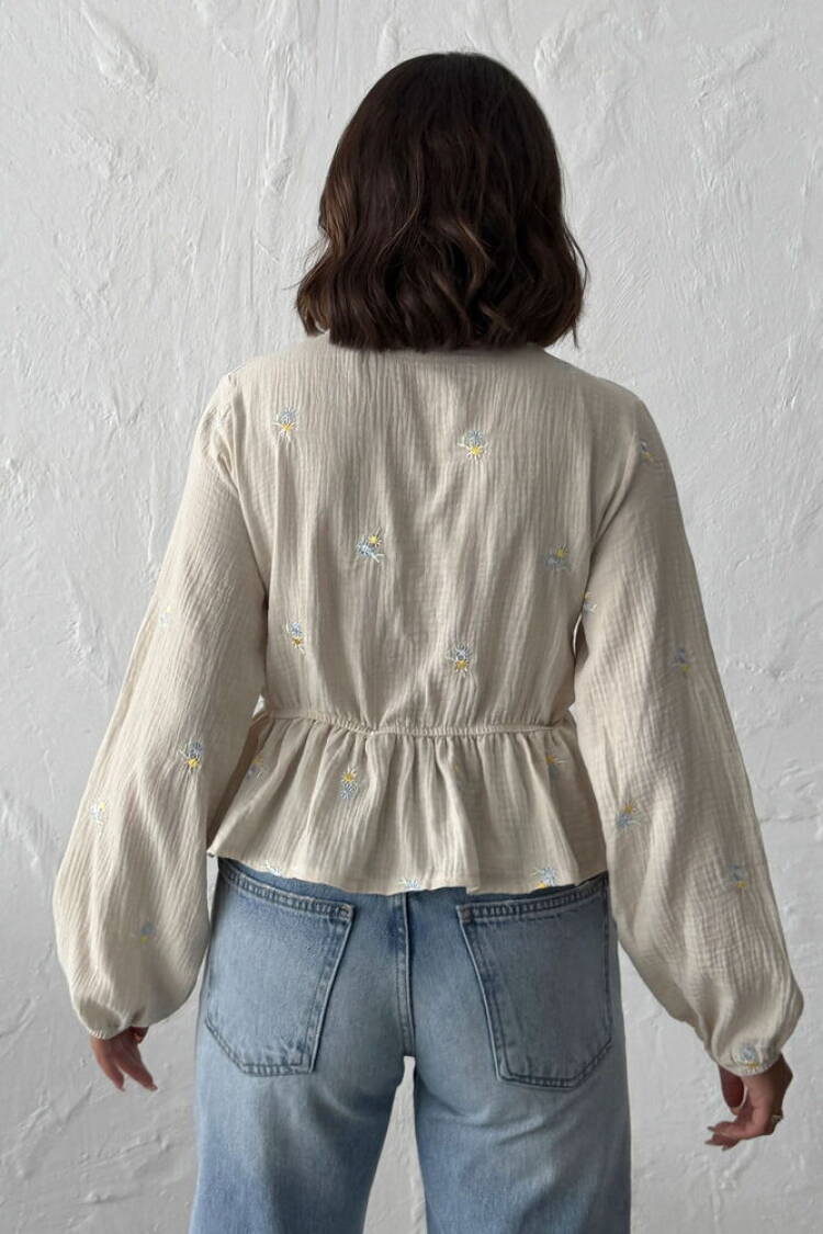 Beige Boho Slim Fit V-Neck Blouse