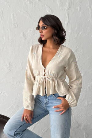 Beige Boho Slim Fit V-Neck Blouse - Brand: Topshow - Women & Kids, Baby Clothes Wholesale - Globality Store