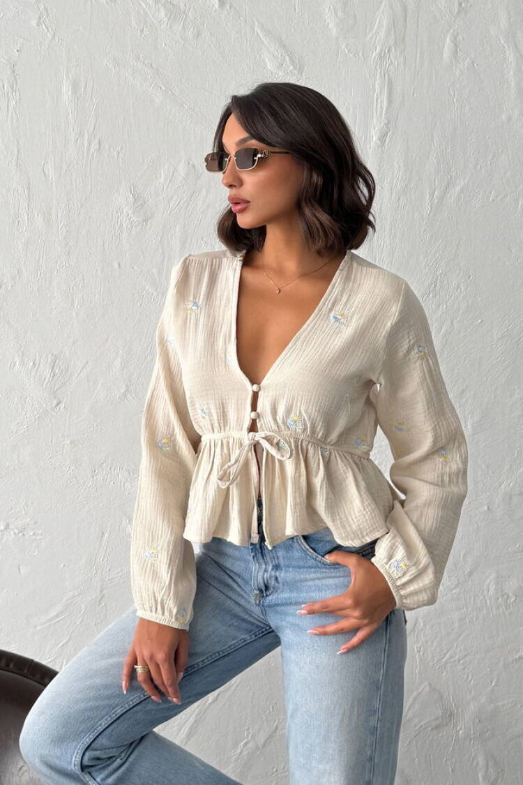 Beige Boho Slim Fit V-Neck Blouse