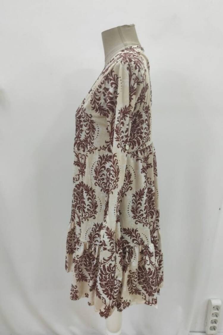 Beige A-Line Dress With V-Neck And 3/4 Sleeves