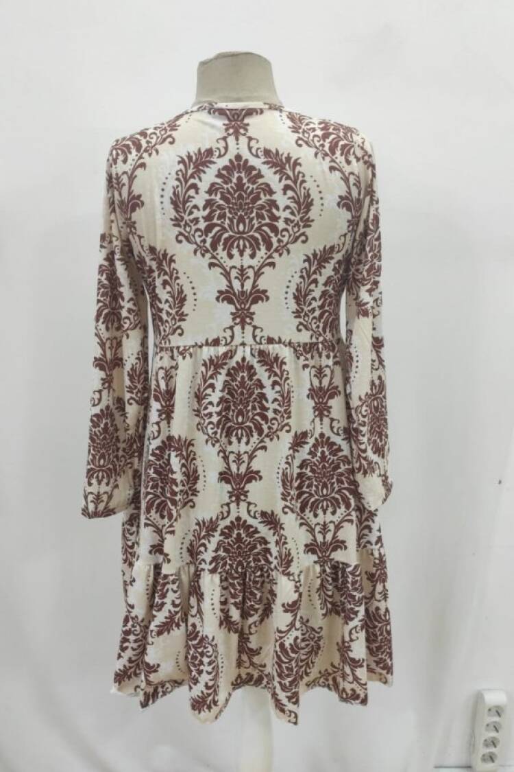Beige A-Line Dress With V-Neck And 3/4 Sleeves