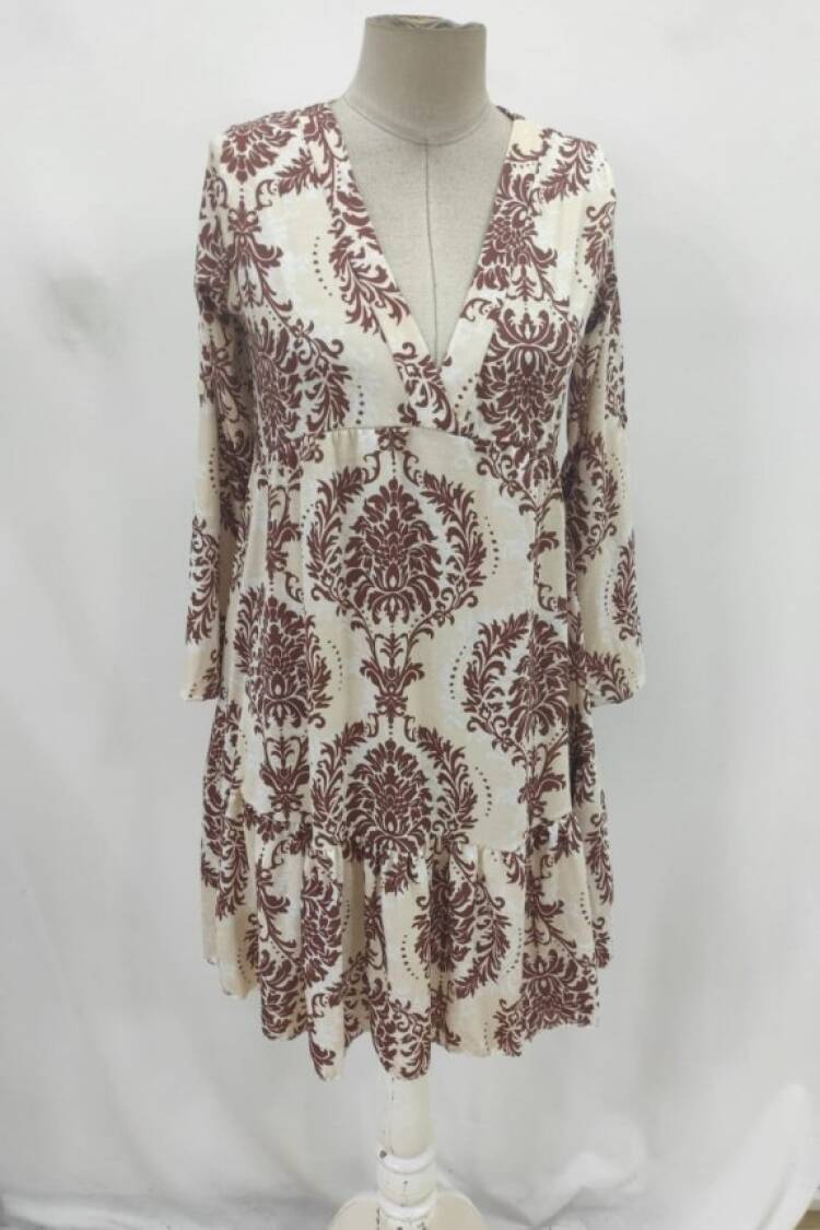Beige A-Line Dress With V-Neck And 3/4 Sleeves