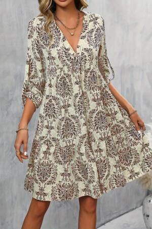 Beige A-Line Dress With V-Neck And 3/4 Sleeves - Brand: Janes - Women & Kids, Baby Clothes Wholesale - Globality Store