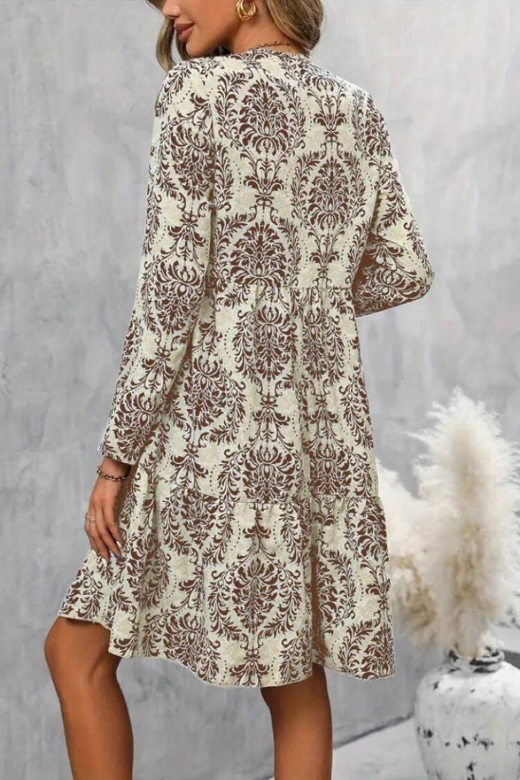 Beige A-Line Dress With V-Neck And 3/4 Sleeves