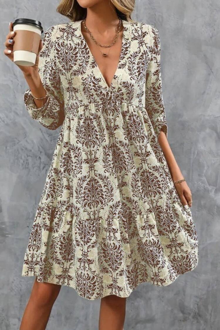 Beige A-Line Dress With V-Neck And 3/4 Sleeves - Brand: Janes - Women & Kids, Baby Clothes Wholesale - Globality Store