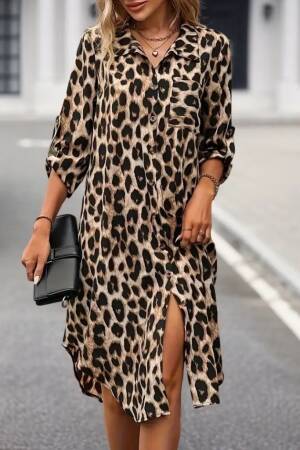 Beige Leopard Print Shirt Dress With 3/4 Sleeves - Brand: Janes - Women & Kids, Baby Clothes Wholesale - Globality Store