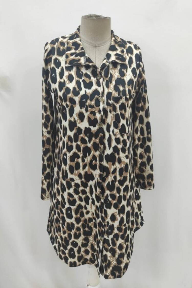 Beige Leopard Print Shirt Dress With 3/4 Sleeves