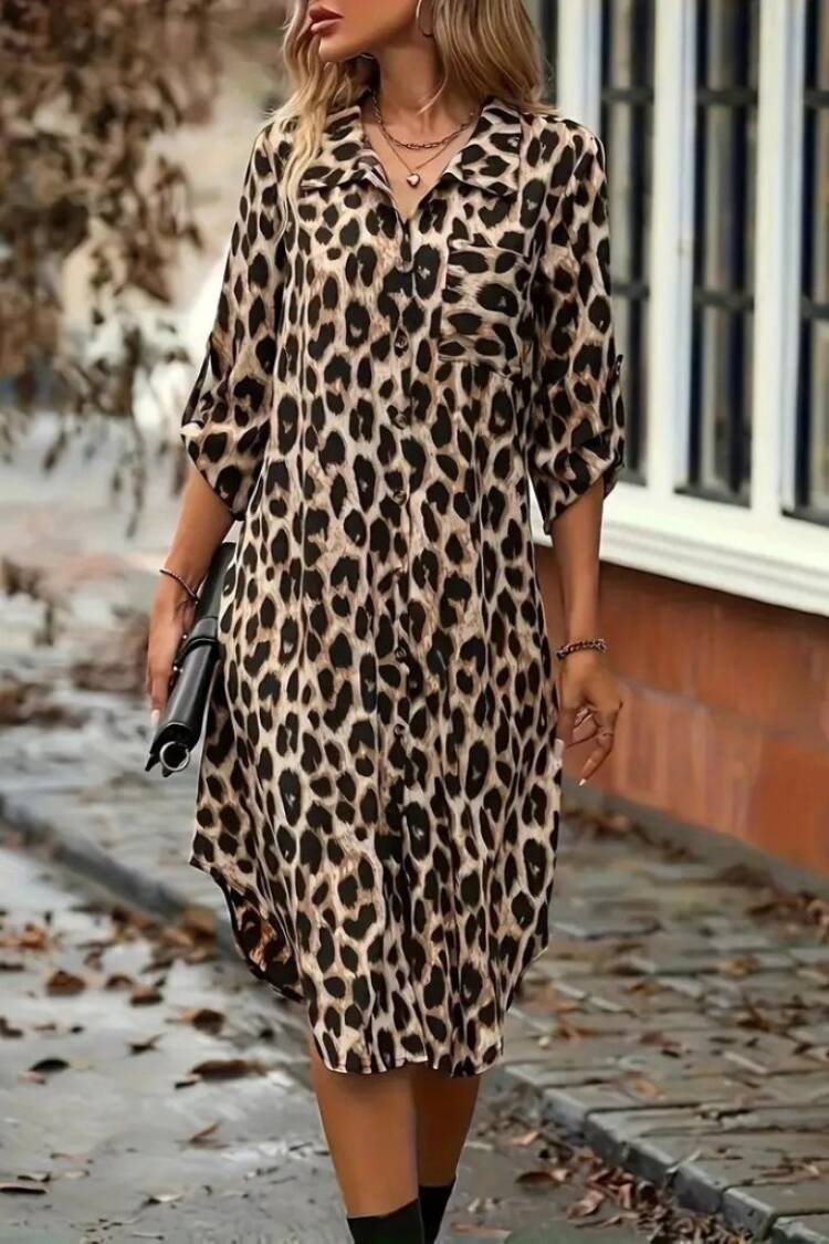 Beige Leopard Print Shirt Dress With 3/4 Sleeves