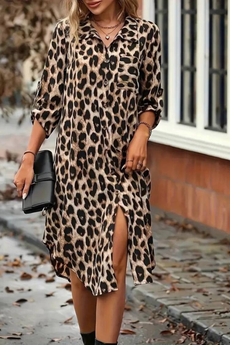 Beige Leopard Print Shirt Dress With 3/4 Sleeves - Brand: Janes - Women & Kids, Baby Clothes Wholesale - Globality Store