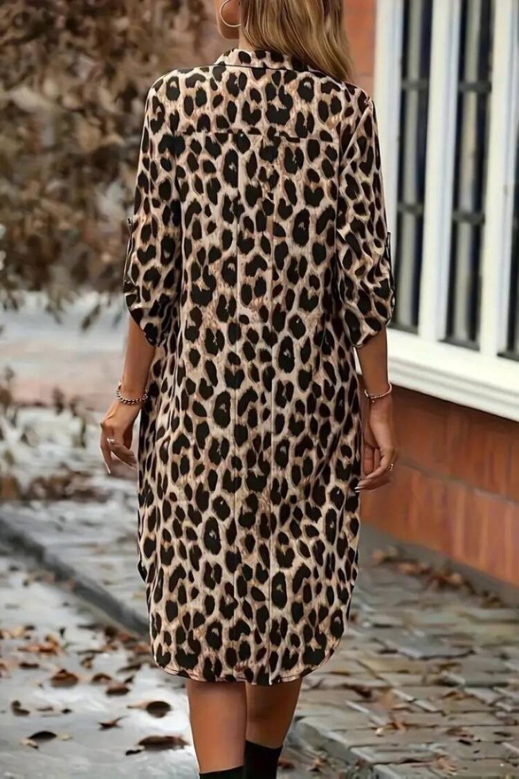 Beige Leopard Print Shirt Dress With 3/4 Sleeves
