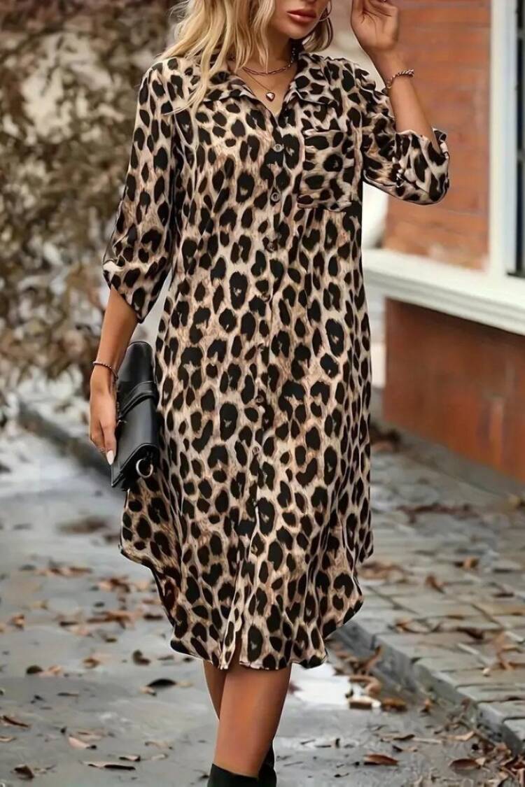 Beige Leopard Print Shirt Dress With 3/4 Sleeves