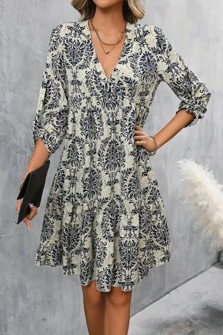 Beige Floral A-Line Dress With 3/4 Sleeves