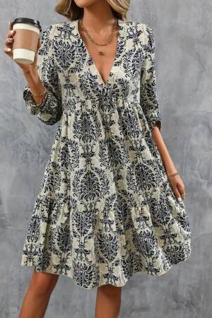 Beige Floral A-Line Dress With 3/4 Sleeves - Brand: Janes - Women & Kids, Baby Clothes Wholesale - Globality Store