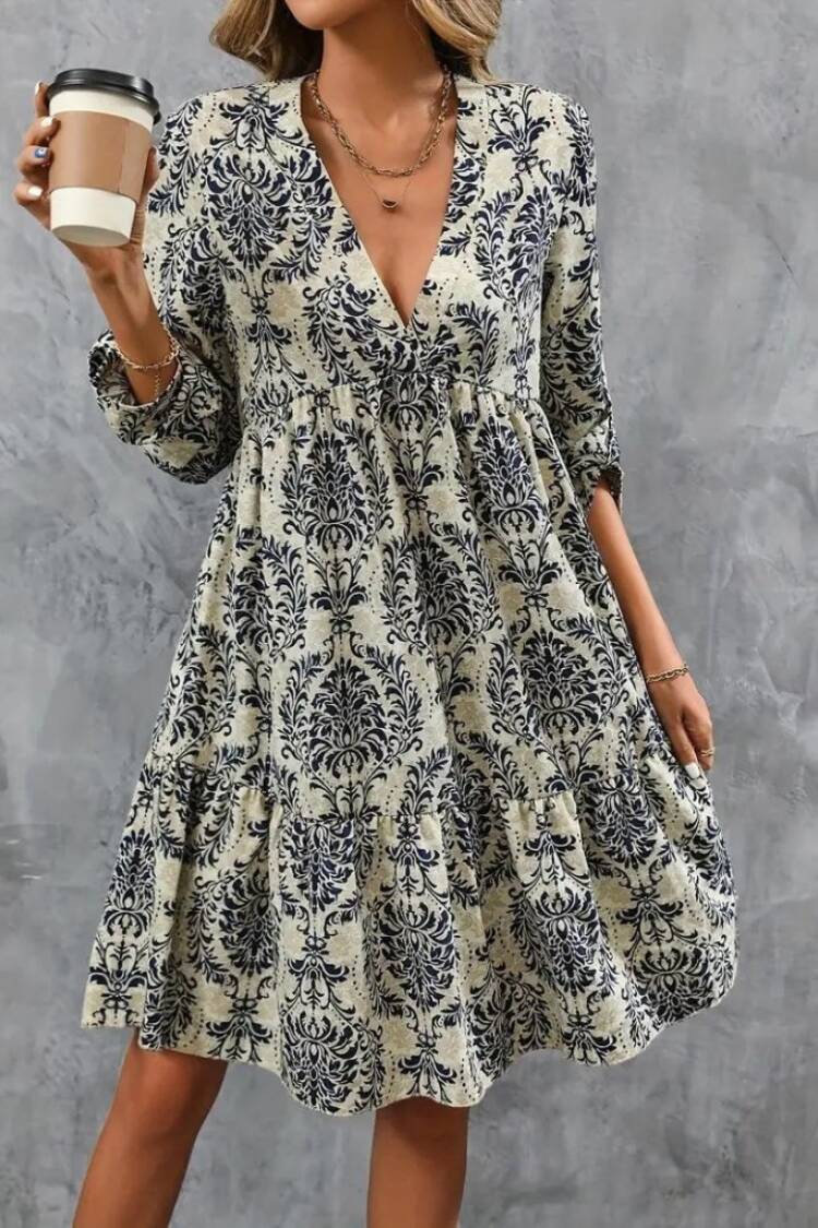 Beige Floral A-Line Dress With 3/4 Sleeves - Brand: Janes - Women & Kids, Baby Clothes Wholesale - Globality Store