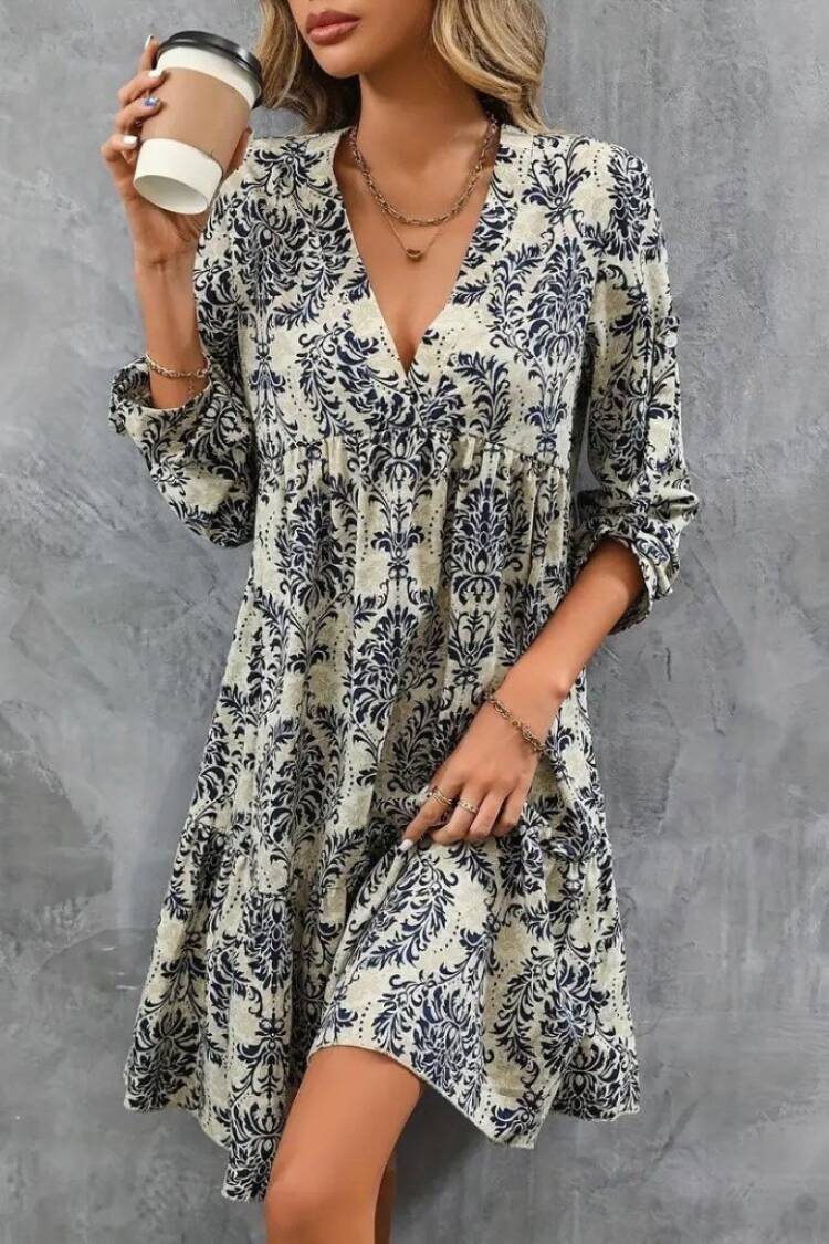 Beige Floral A-Line Dress With 3/4 Sleeves