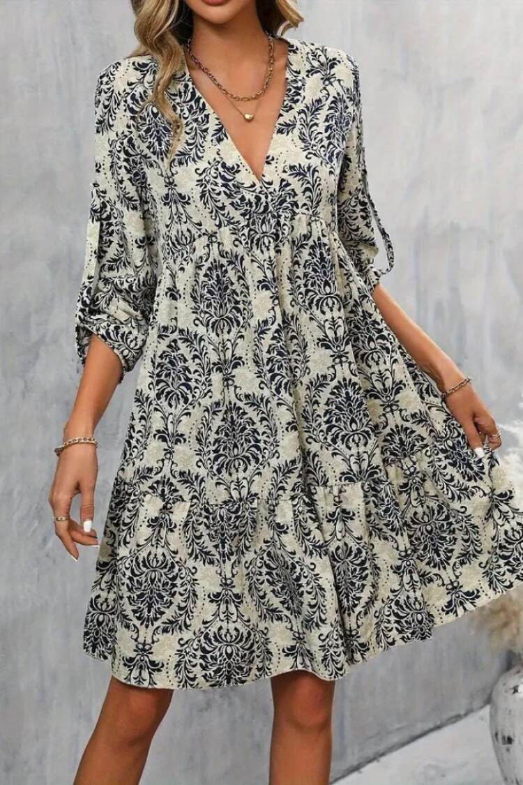Beige Floral A-Line Dress With 3/4 Sleeves