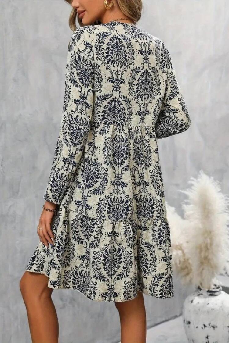 Beige Floral A-Line Dress With 3/4 Sleeves