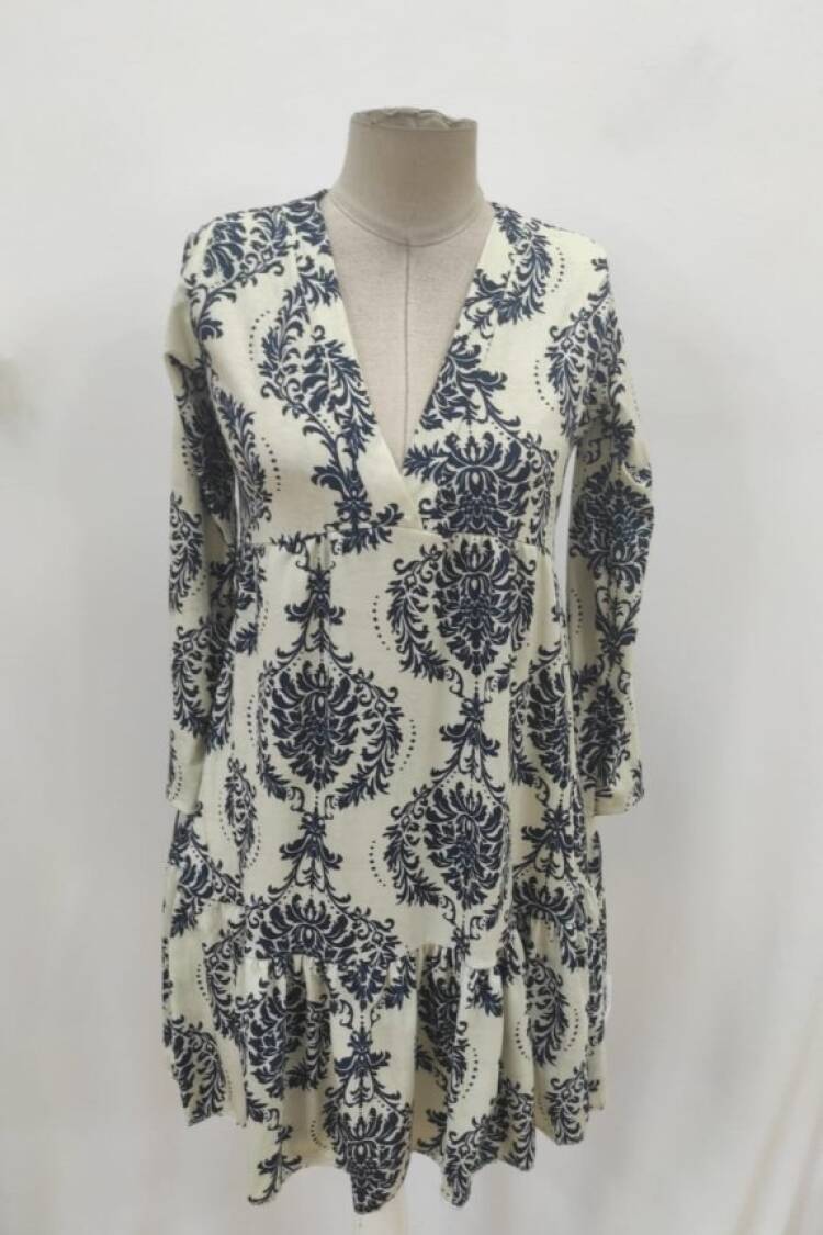 Beige Floral A-Line Dress With 3/4 Sleeves
