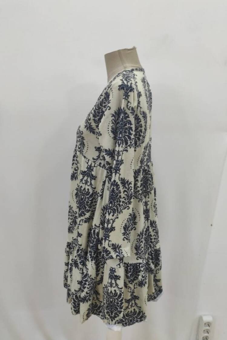 Beige Floral A-Line Dress With 3/4 Sleeves