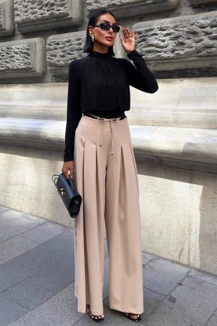 Beige Palazzo Wide Leg High Waist Pants - Brand: Sobe Istanbul - Women & Kids, Baby Clothes Wholesale - Globality Store