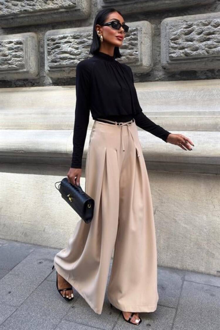 Beige Palazzo Wide Leg High Waist Pants