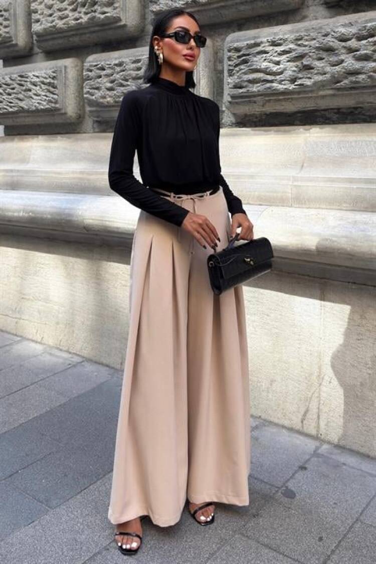 Beige Palazzo Wide Leg High Waist Pants