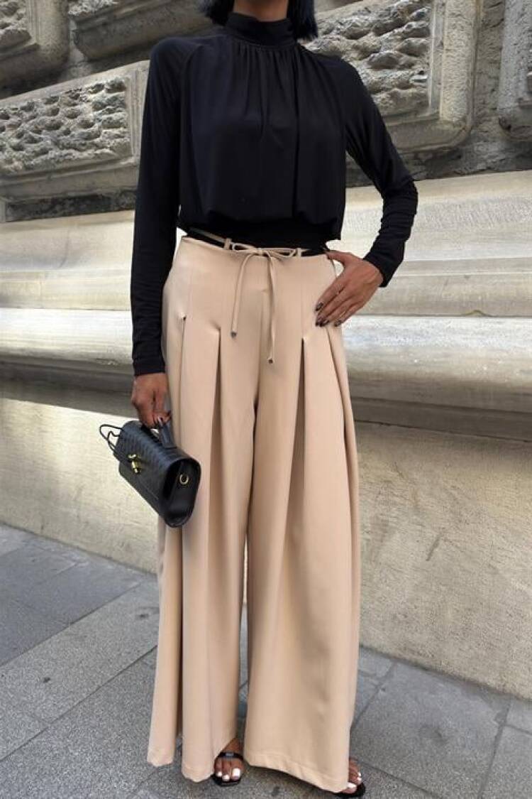 Beige Palazzo Wide Leg High Waist Pants