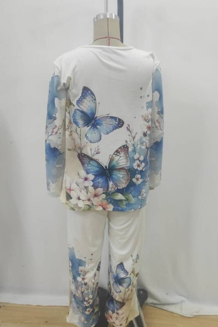 White Casual Set With Butterfly And Floral Patterns