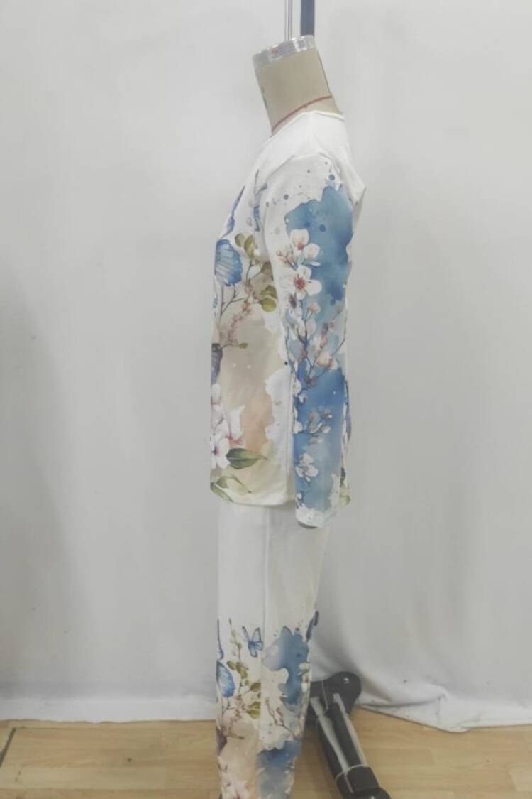 White Casual Set With Butterfly And Floral Patterns