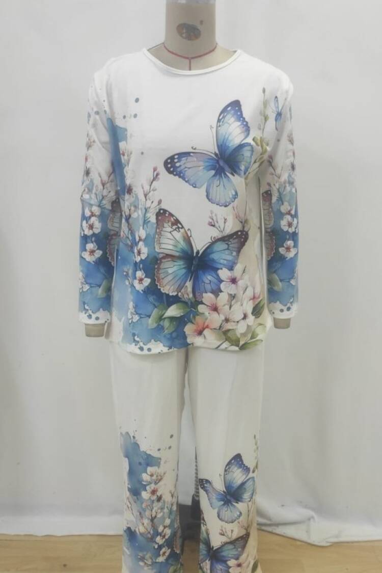 White Casual Set With Butterfly And Floral Patterns