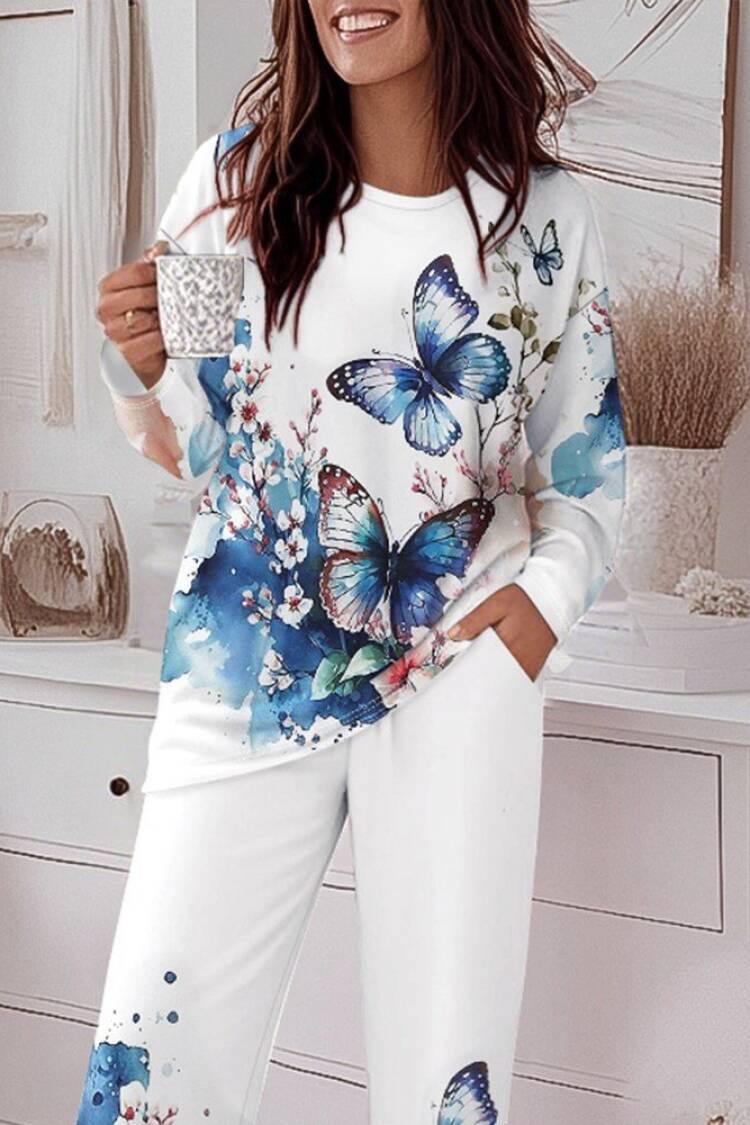 White Casual Set With Butterfly And Floral Patterns