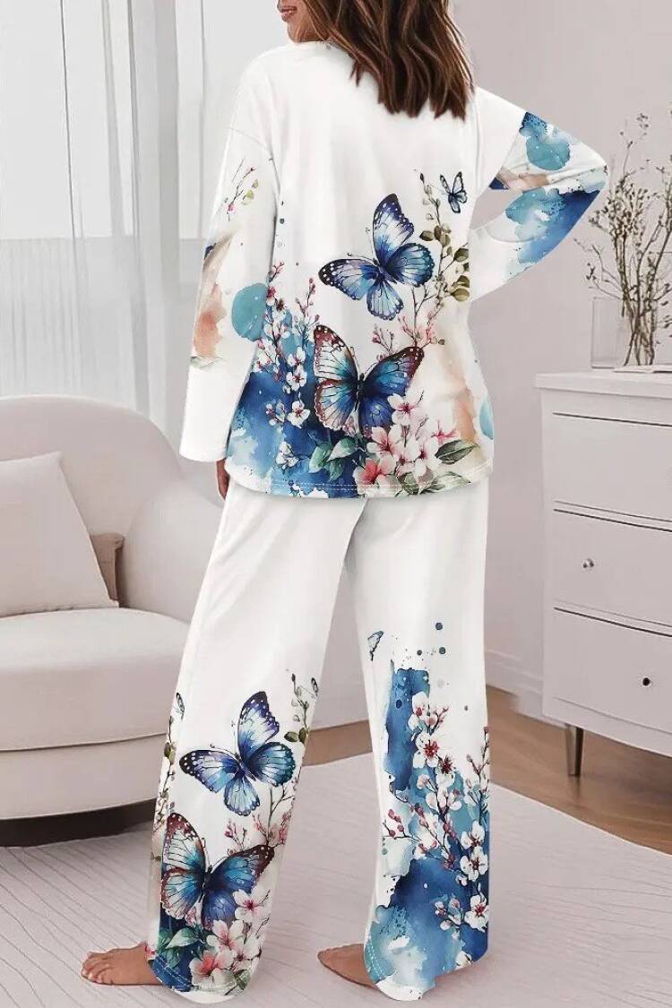 White Casual Set With Butterfly And Floral Patterns